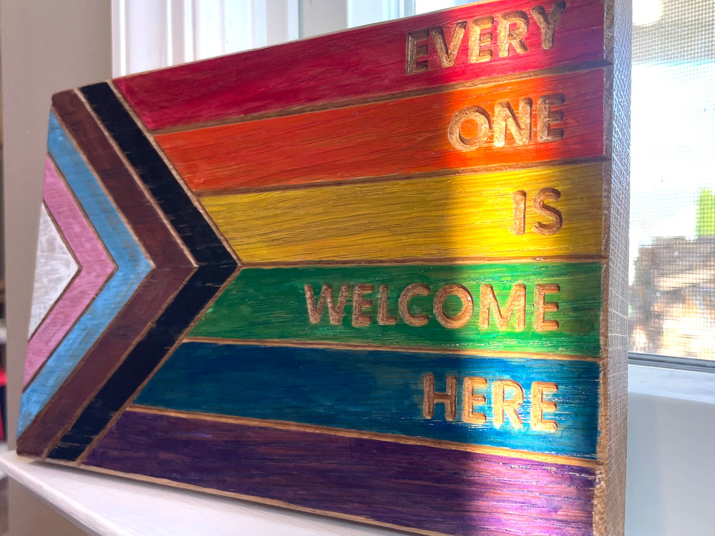 Everyone is Welcome Here Wooden Sign - Solid Oak Hand Painted Progress Pride Flag Sign