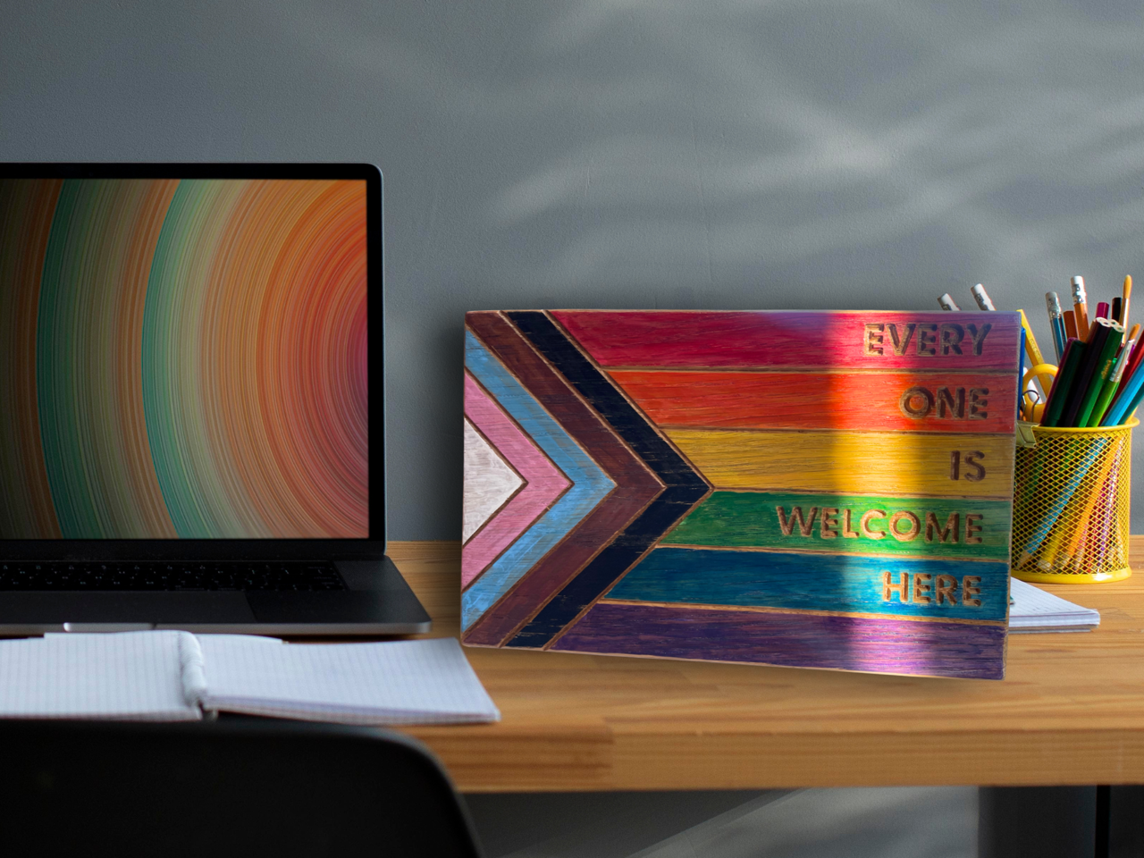 Everyone is Welcome Here Wooden Sign - Solid Oak Hand Painted Progress Pride Flag Sign